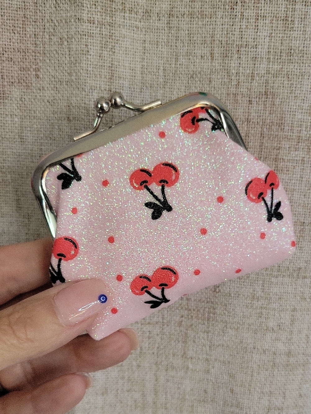 Pink Glitter Cherry Kiss-Lock Coin Purse